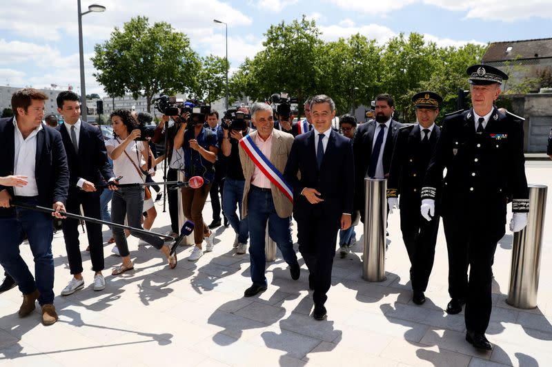 Newly appointed Interior Minister Gerald Darmanin visits the police headquarters of Les Mureaux, outside Paris