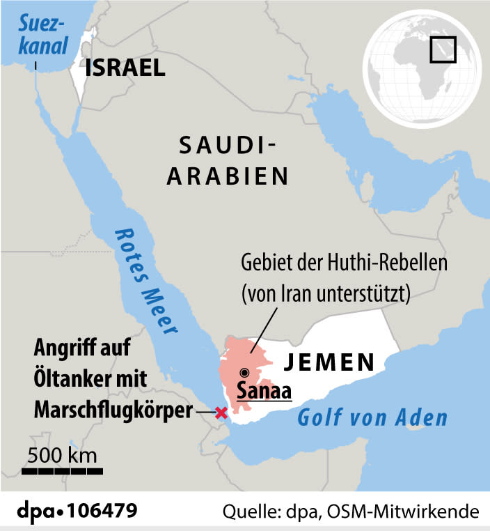 "Angriff auf Öltanker im Roten Meer"; Grafik: Mühlenbruch/Brühl, Redaktion: Brühl