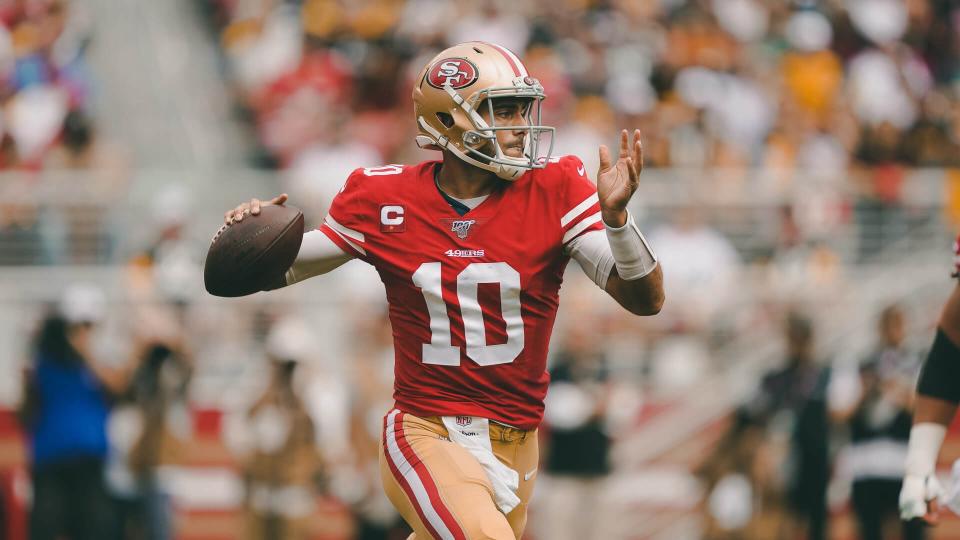 San Francisco 49ers quarterback Jimmy Garoppolo (10) passes against the Pittsburgh Steelers during the first half of an NFL football game in Santa Clara, CalifSteelers 49ers Football, Santa Clara, USA - 22 Sep 2019.