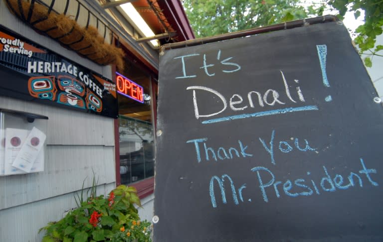 A sign is seen at a coffee shop on August 31, 2015 across the street from the Dena'ina Convention Center, in Anchorage, Alaska where US president Barack Obama will deliver a speech