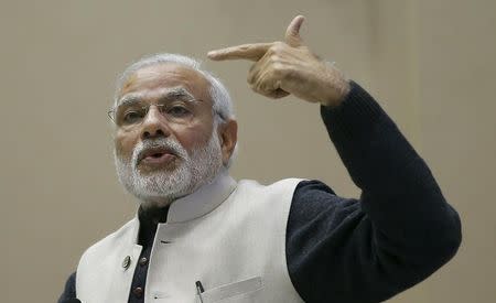 India’s Prime Minister Narendra Modi gestures as he addresses a gathering during a conference of start-up businesses in New Delhi, India, January 16, 2016. REUTERS/Adnan Abidi