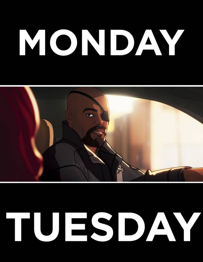 Fury talking to Natasha with "Monday" and "Tuesday" showing on the screen