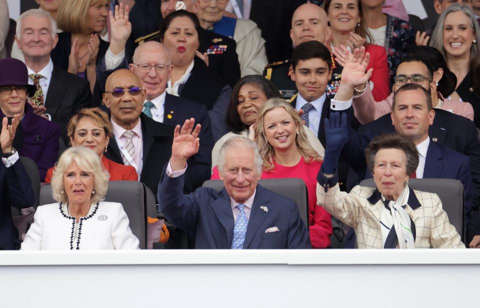 Saadiya Khan, Lindsay Wallace, Peter Phillips, (front row) Camilla, Duchess of Cornwall, Prince Charles, Prince of Wales, and Princess Anne, Princess Royal attend the Platinum Pageant on June 05, 2022 in London, England. The Platinum Jubilee of Elizabeth II is being celebrated from June 2 to June 5, 2022, in the UK and Commonwealth to mark the 70th anniversary of the accession of Queen Elizabeth II on 6 February 1952.