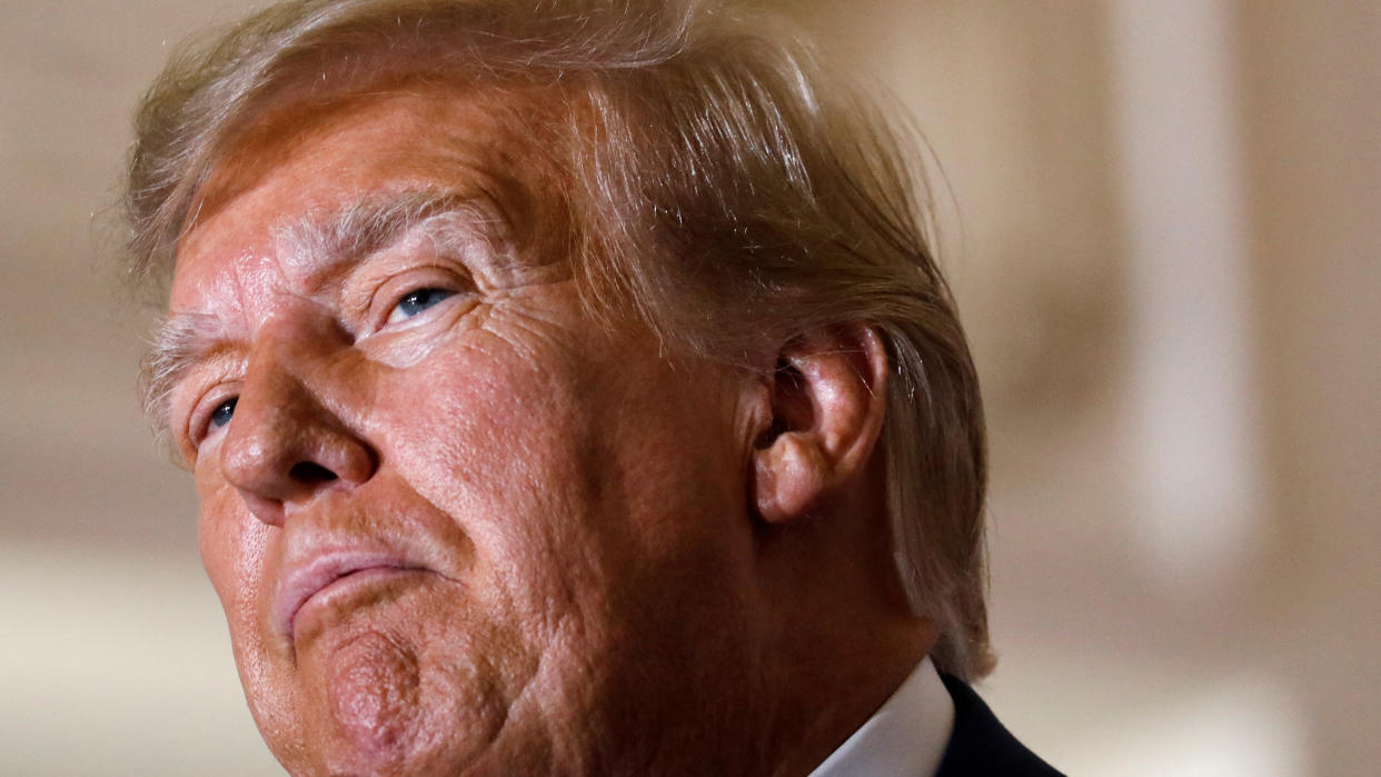 Former President Donald Trump delivers remarks, in Palm Beach, Fla., on Tuesday, the day of his court appearance in New York after being indicted. 