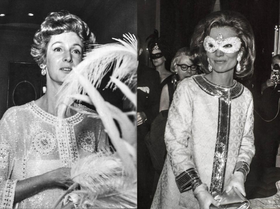 Marella Agnelli and Lee Radziwill, both in Mila Schön, at Truman Capote’s Black and White Ball, 1966.