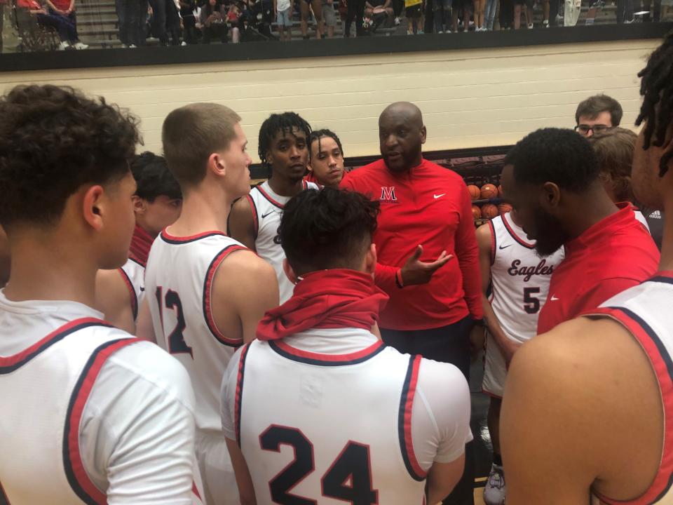 Veterans Memorial coach Billy White talks to his team during their game against San Antonio Veterans Memorial at the Blossom Athletic Center in San Antonio, Texas on Saturday, March 4, 2023.