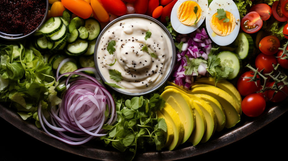 A close-up image of a colorful salad platter with toppings and dressings.