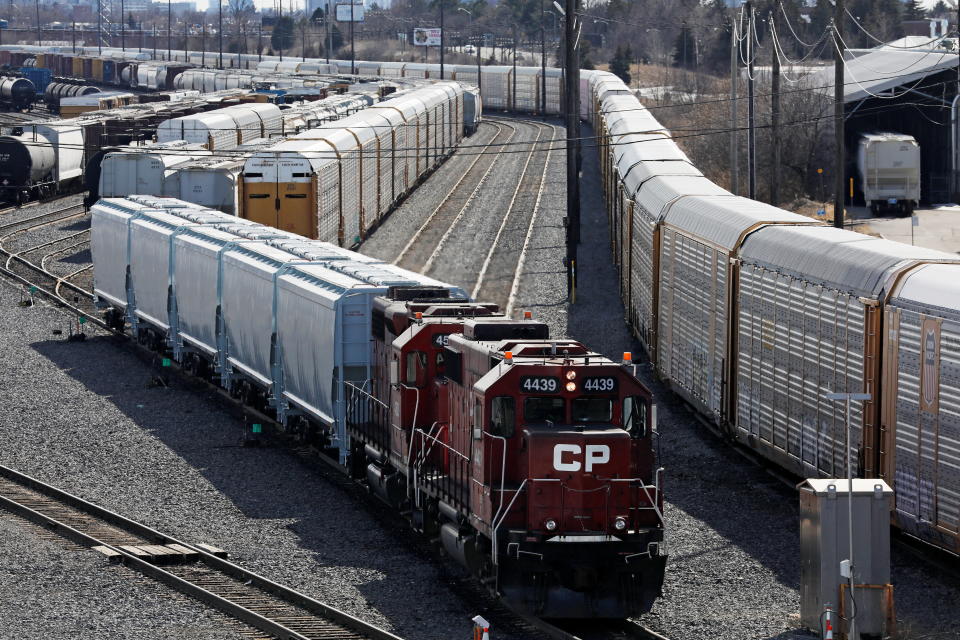 A Canadian Pacific Railway (CP Rail) locomotive backs into position at the company&#39;s Toronto Yard in Scarborough, Ontario, Canada March 20, 2022.  REUTERS/Chris Helgren