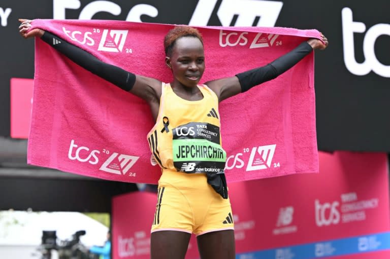 La Kényane Peres Jepchirchir, victorieuse du marathon de Londres, le 21 avril 2024 (JUSTIN TALLIS)