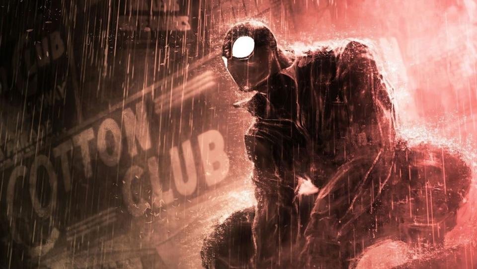 Spider-Man Noir, looing over building in the rain, is very reminiscent of Batman.