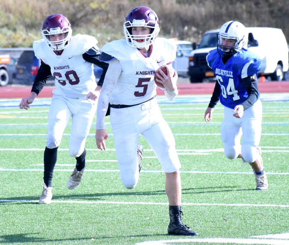 Jeffrey DeSarro (5) quarterbacked Frankfort-Schuyler to Section III's 2019 Class D football championship prior to the coronavirus pandemic. The Maroon Knights will return to the fall season with an eight-player squad in 2022.