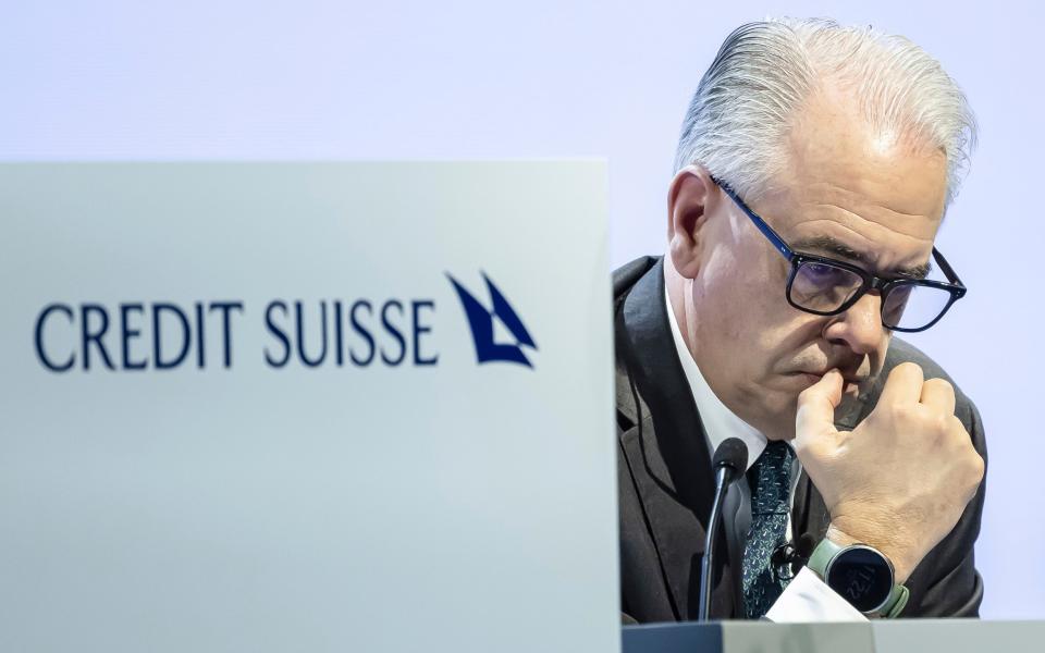 Credit Suisse chief executive Ulrich Koerner at the bank's final annual general meeting - Michael Buholzer/Keystone via AP