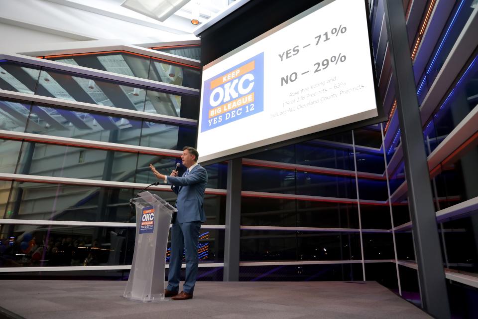 Oklahoma City Mayor David Holt speaks at watch party for the OKC Arena vote, Tuesday, Dec. 12, 2023, at the University of Central Oklahoma Boathouse in Oklaoma City.