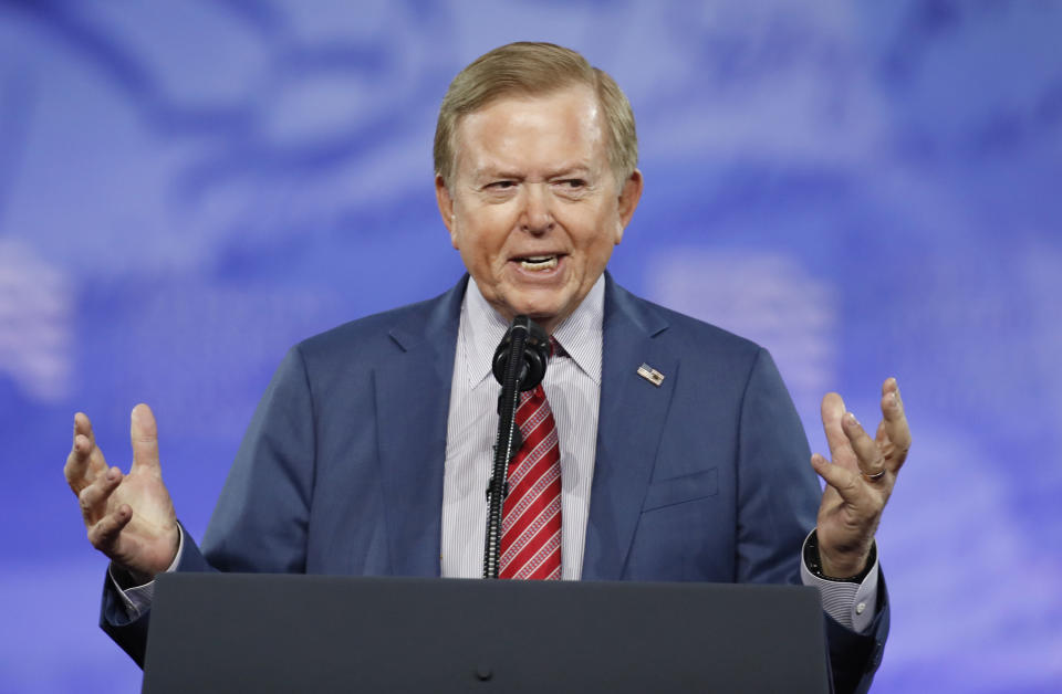 FILE - Fox Business News host Lou Dobbs speaks at the Conservative Political Action Conference (CPAC), on Feb. 24, 2017, in Oxon Hill, Md. Dobbs, the conservative political pundit and TV host who was a nightly presence on Fox Business Network for more than a decade, has died. His death was announced Thursday, July 18, 2024, in a post on his official X account. (AP Photo/Alex Brandon, File)