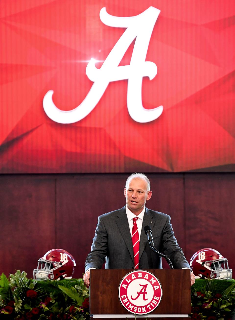 Jan 13, 2024; Tuscaloosa, AL, USA; The University of Alabama introduced new head football coach Kalen DeBoer with a press conference at Bryant-Denny Stadium. DeBoer speaks during the press conference.