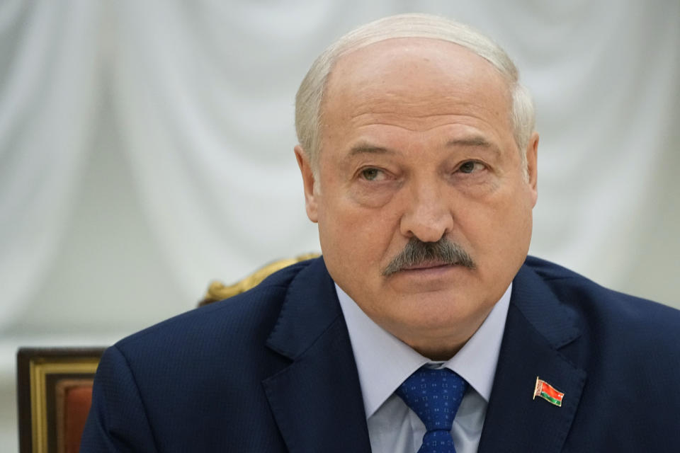 Belarusian President Alexander Lukashenko listens, during his meeting with foreign correspondents, in Minsk, Belarus, Thursday, July 6, 2023. (AP Photo/Alexander Zemlianichenko)