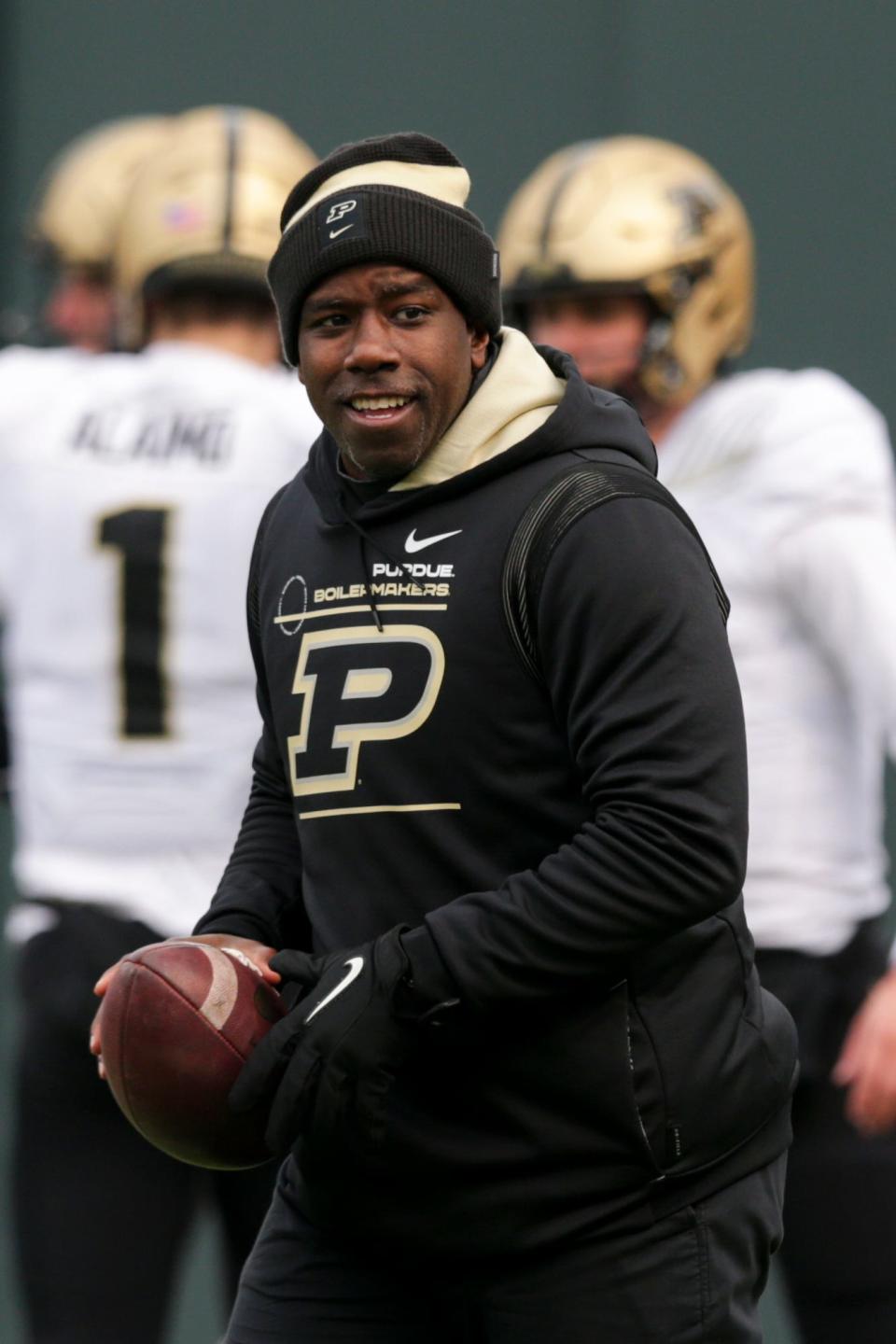 Purdue assistant coach JaMarcus Shephard prior to the start of an NCAA football game between the Purdue Boilermakers and the Northwestern Wildcats, Saturday, Nov. 20, 2021 in Chicago.