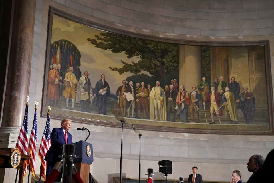 U.S President Donald Trump speaks at the White House Conference on American History at the National Archives Museum in Washington, U.S., September 17, 2020.  REUTERS/Kevin Lamarque