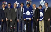 June 23, 2017; Chicago, IL, USA; Timothy Liljegren poses for photos after being selected as the number seventeen overall pick to the Toronto Maple Leafs in the first round of the 2017 NHL Draft at the United Center. Mandatory Credit: David Banks-USA TODAY Sports