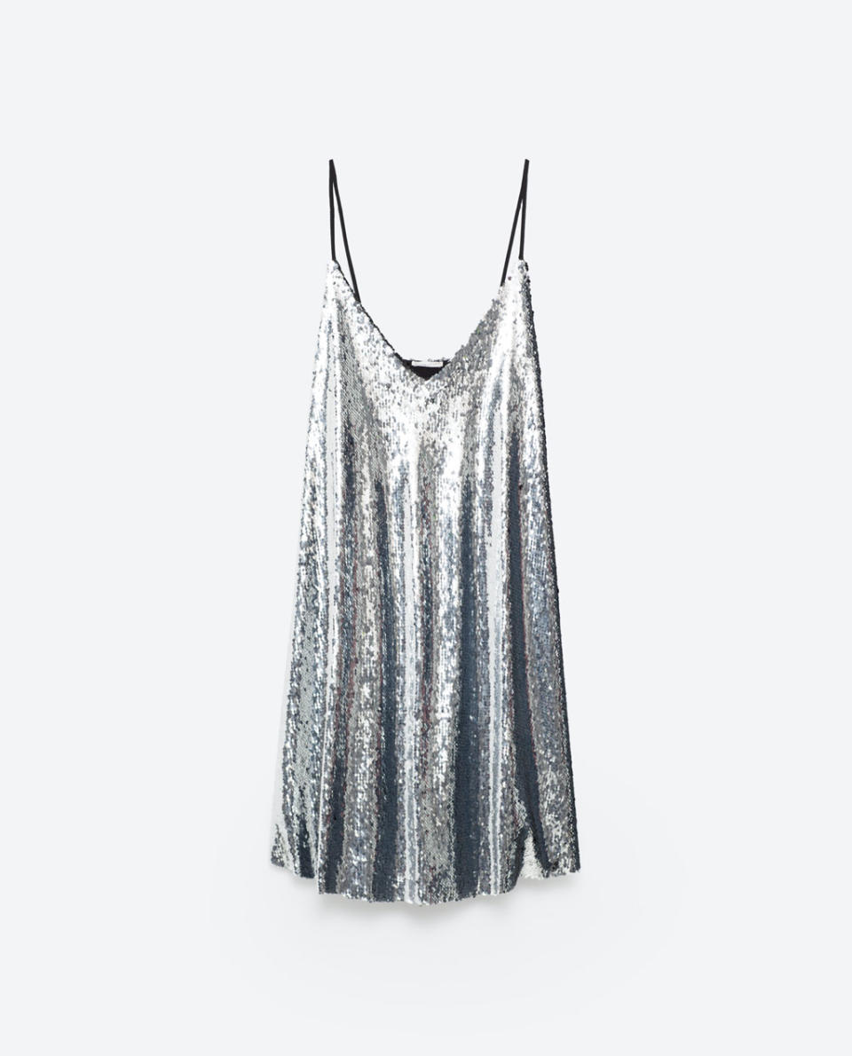 <p>Metallics are all the rage (again) this autumn, so start your collection with this loose strappy number, which can be worn by day over a long sleeved top of jumper. </p><p><a rel="nofollow noopener" href="http://www.zara.com/uk/en/woman/new-in/sequinned-dress-c840002p3817055.html" target="_blank" data-ylk="slk:Buy here.;elm:context_link;itc:0;sec:content-canvas" class="link ">Buy here. </a></p>