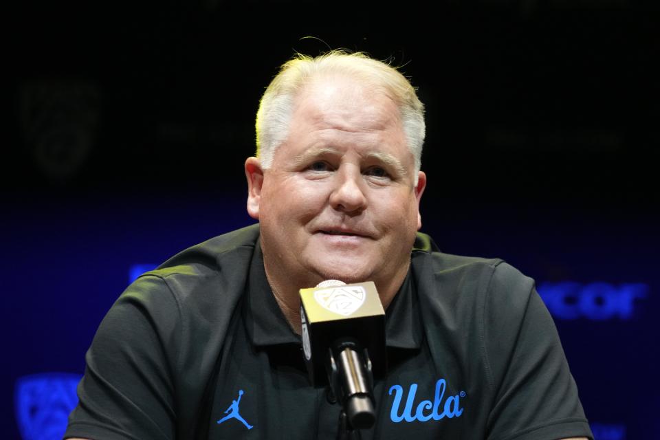 Jul 29, 2022; Los Angeles, CA, USA; UCLA Bruins coach Chip Kelly speaks during Pac-12 Media Day at Novo Theater. Mandatory Credit: Kirby Lee-USA TODAY Sports
