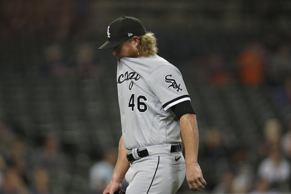 Chicago White Sox relief pitcher Craig Kimbrel walks to the dugout in the eighth inning of a baseball game against the Detroit Tigers in Detroit, Monday, Sept. 20, 2021. (AP Photo/Paul Sancya)