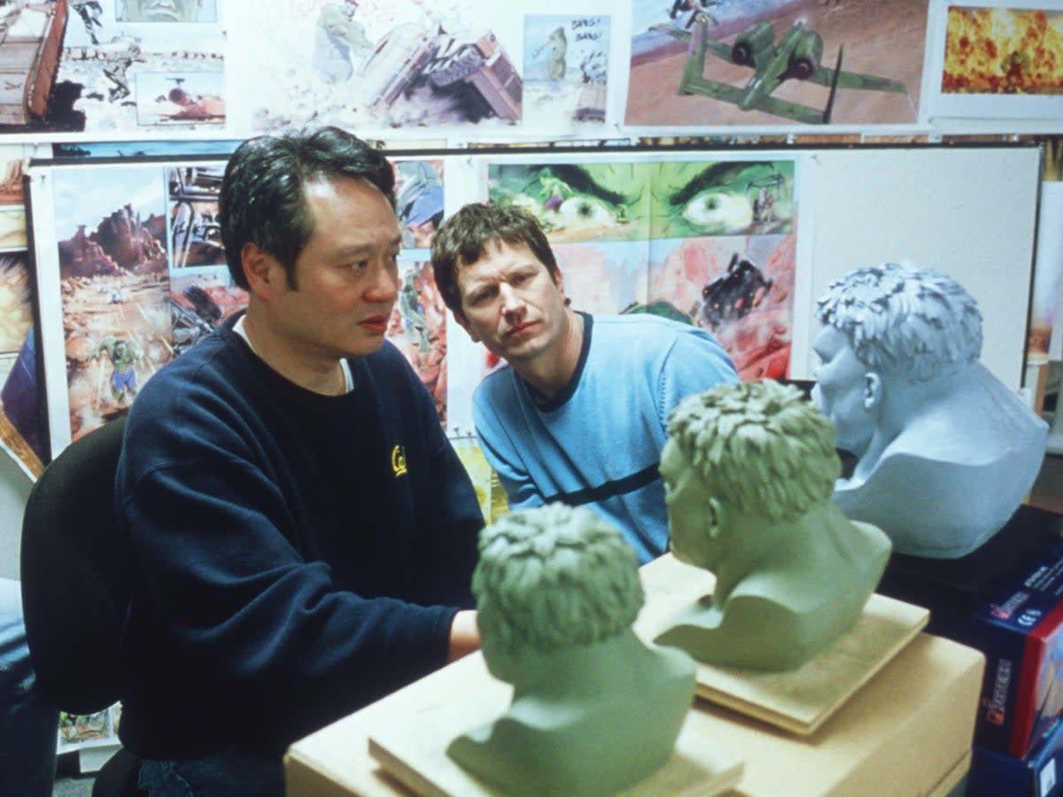 Ang Lee studies Hulk heads on the set of the 2003 film (Shutterstock)