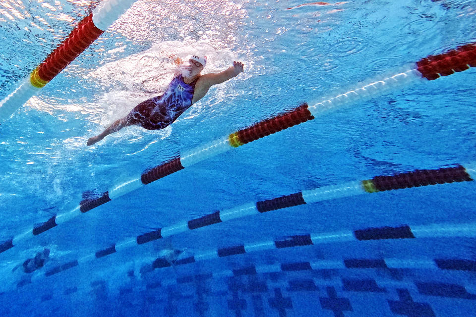 SAN ANTONIO, TEXAS - APRIL 13: Katie Ledecky competes in the Women's 800m Freestyle final on Day 4 of the TYR Pro Swim Series San Antonio at Northside Swim Center on April 13, 2024 in San Antonio, Texas. (Photo by Sarah Stier/Getty Images)