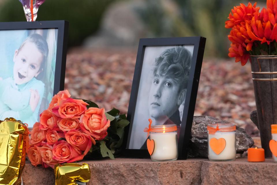 Mar 7, 2024; Queen Creek, AZ, US; Community members hold a vigil for Preston Lord at the Queen Creek neighborhood location where he was attacked during a party in October 2023.