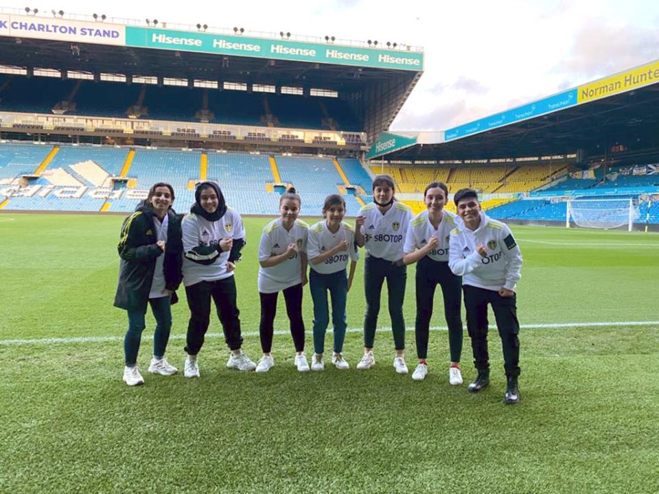 Saberyah (left), Fatima, Sahar, Susan, and Sonia (right) in Elland Road which is Leeds United’s football stadium. (Maya Oppenheim)