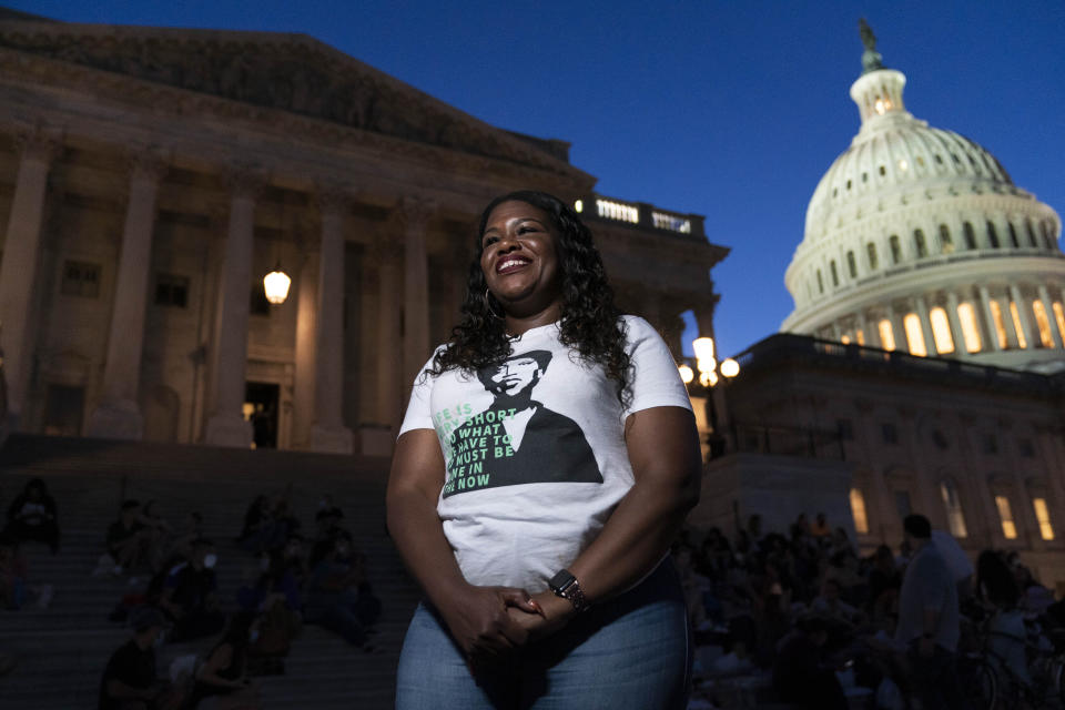 Rep. Cori Bush, D-Mo., speaks with reporters as she camps outside the U.S. Capitol, in Washington, Monday, Aug. 2, 2021, as anger and frustration has mounted in Congress after a nationwide eviction moratorium expired at midnight Saturday. (AP Photo/Jose Luis Magana)