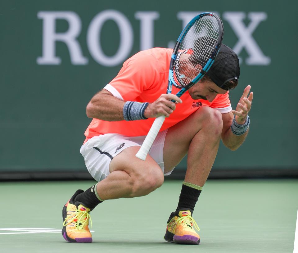 Jordan Thompson reacts to a missed shot during his match against Stefanos Tsitipas during the BNP Paribas Open in Indian Wells, Calif., March 10, 2023.
