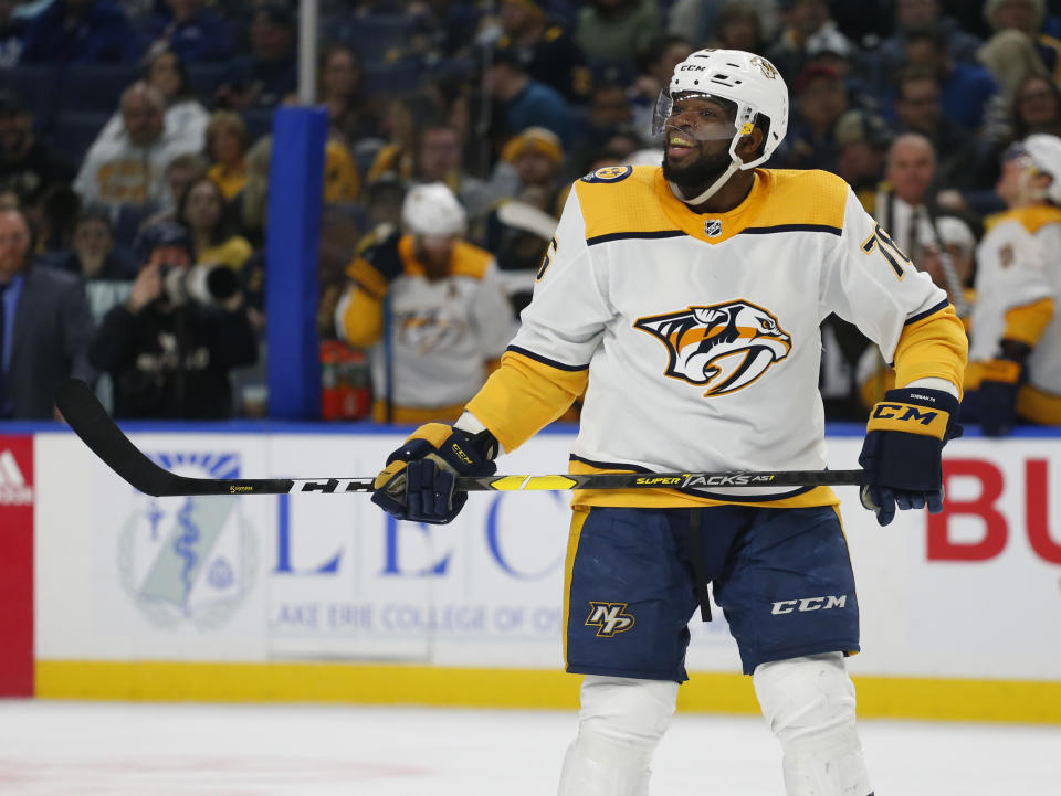 Nashville Predators defenseman P.K. Subban (76) celebrates his goal during the second period of an NHL hockey game against the Buffalo Sabres Tuesday, April 2, 2019, in Buffalo, N.Y. (AP Photo/Jeffrey T. Barnes)