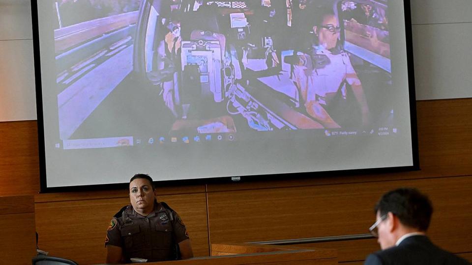 Trooper Toni Schuck testifies as footage from her vehicle show the seconds before Kristen Watts crashed into her. Judge Teri Dees sentenced Watts to 10 years in prison with credit for time served and four years of probation on April 2, 2024. Watts pleaded guilty to driving under the influence and fleeing and eluding law enforcement after she bypassed an I 275 closure and crashed into a Trooper Schuck while a 10k was underway on the Skyway Bridge.