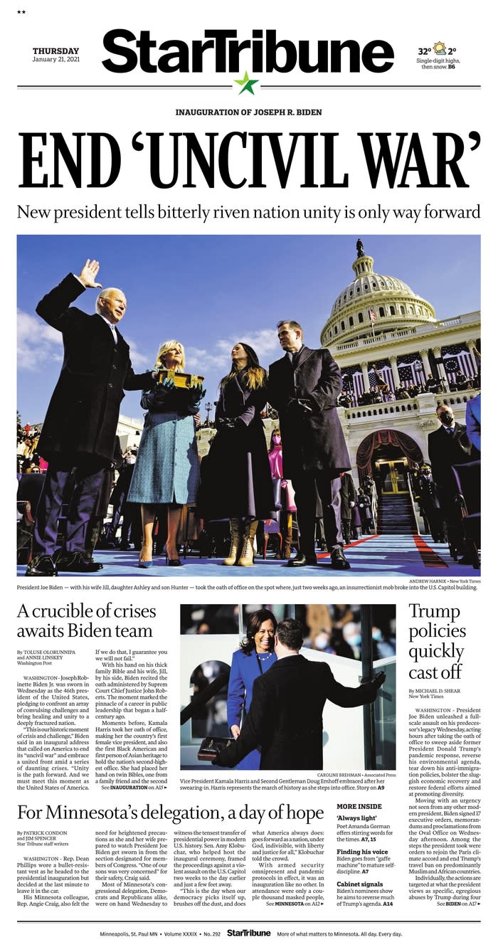 January 21, 2021 front page of the Star Tribune
