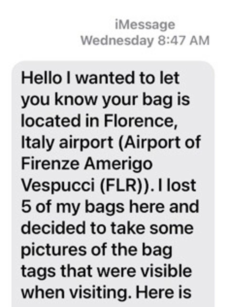 Lisa Khan received this text message from a stranger who had found her bag in Italy (Courtesy of Lisa Khan)