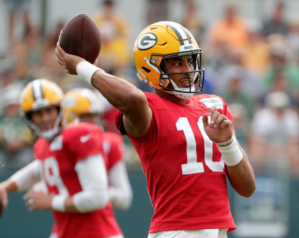 Green Bay Packers quarterback Jordan Love (10) during training camp on Aug. 1, 2023, in Ashwaubenon, Wis.