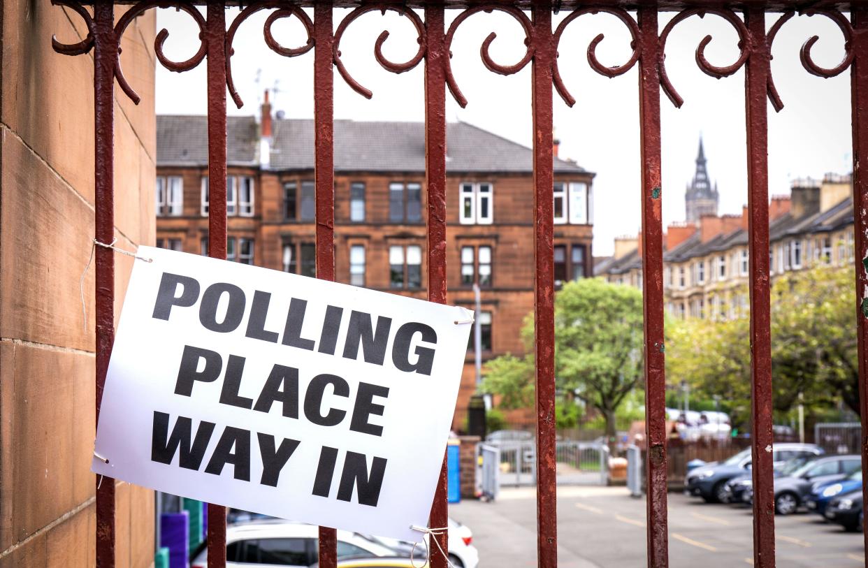 File photo dated 05/05/22 of a sign outside the polling station at Notre Dame Primary School in Glasgow. Polling stations in Scotland have opened in the General Election. Voters will cast their ballots on Thursday in the first UK-wide vote since 2019, with Labour tipped to win the keys to 10 Downing Street. Polling places are open from 7am to 10pm, with results expected in the early hours of Friday. Issue date: Thursday July 4, 2024.