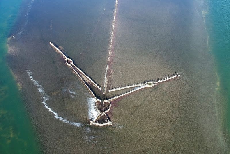 A view shows a Charfia, a traditional fishing technique, in Kerkennah Islands