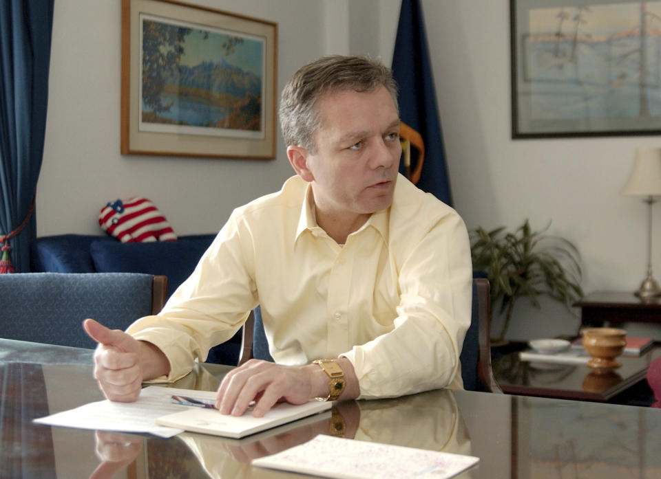 FILE - Then-Alaska State Senate President Ben Stevens, R Anchorage, talks during an interview on May 25, 2005 at the State Capitol in Juneau, Alaska. Ben Stevens, a former Alaska Senate president and a son of the late U.S. Sen. Ted Stevens, died on Thursday, Oct. 13, 2022. He was 63. (AP Photo/David J. Sheakley, File)