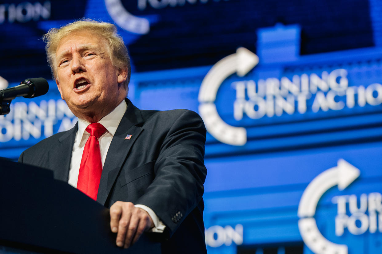 Former President Trump - in statements and at rallies - has continued to perpetrate falsehoods about the 2020 election and the events of Jan. 6, 2021. (Brandon Bell/Getty Images)