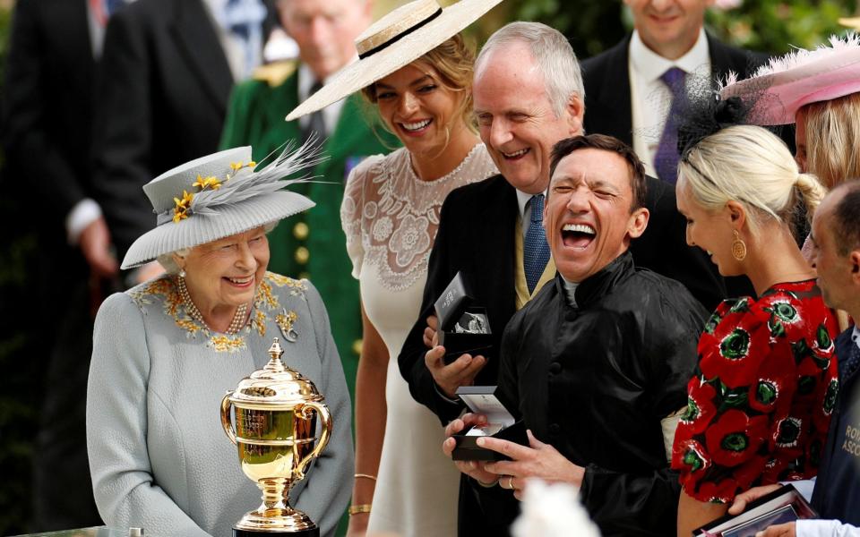 All smiles last year between the monarch and Gold Cup winning jockey Frankie Dettori but there will be none of that in a coronavirus-gripped 2020 - Action Images via Reuters