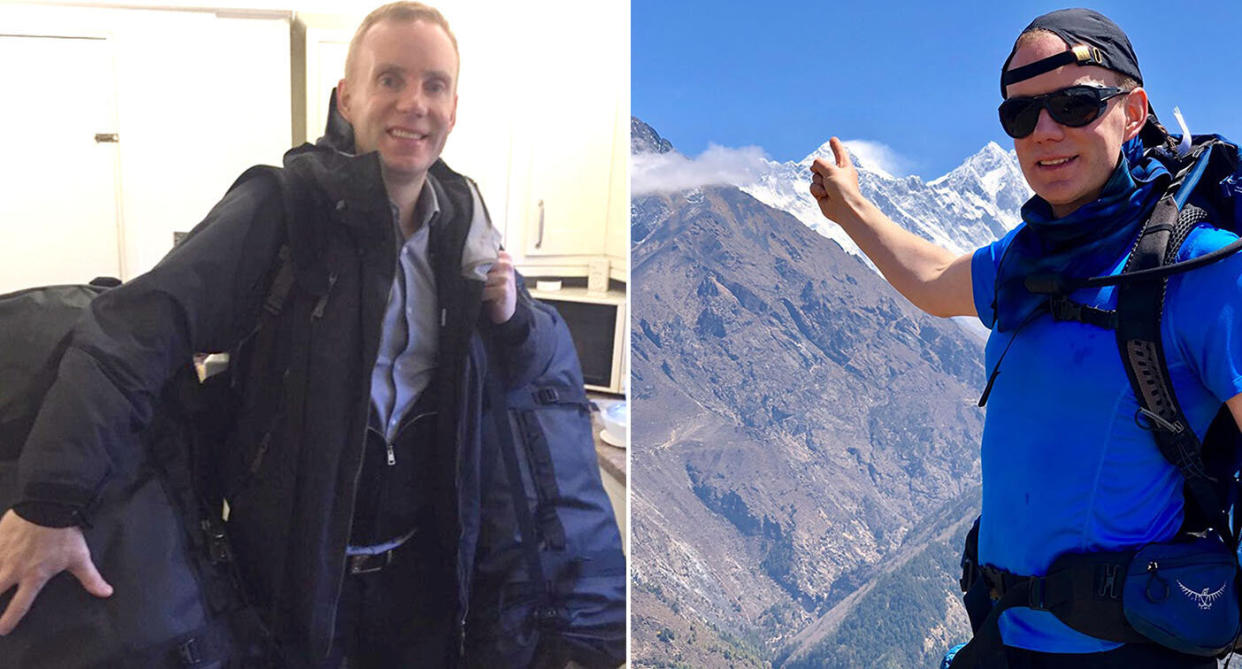 Robin Fisher stands in front of a mountain before his death on the summit of Mount Everest.