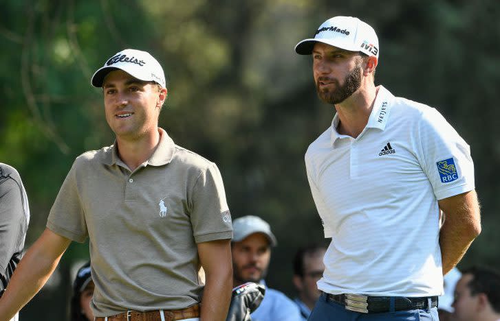 MEXICO CITY, MEXICO - MARCH 01: Justin Thomas and Dustin Johnson wait on the seventh tee during round one of the World Golf Championships-Mexico Championship at Club de Golf Chapultepec on March 1, 2018 in Mexico City, Mexico. (Photo by Ryan Young/PGA TOUR)