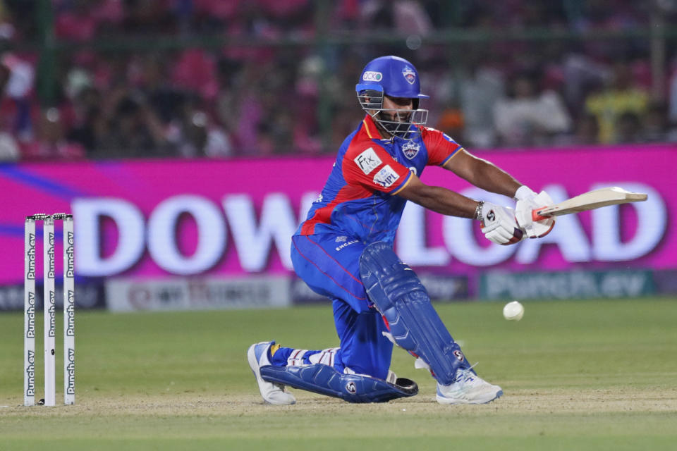 Delhi Capitals' captain Rishabh Pant plays a shot during the Indian Premier League cricket match between Delhi Capitals and Rajasthan Royals in Jaipur, India, Thursday, March 28, 2024. (AP Photo/Pankaj Nangia)