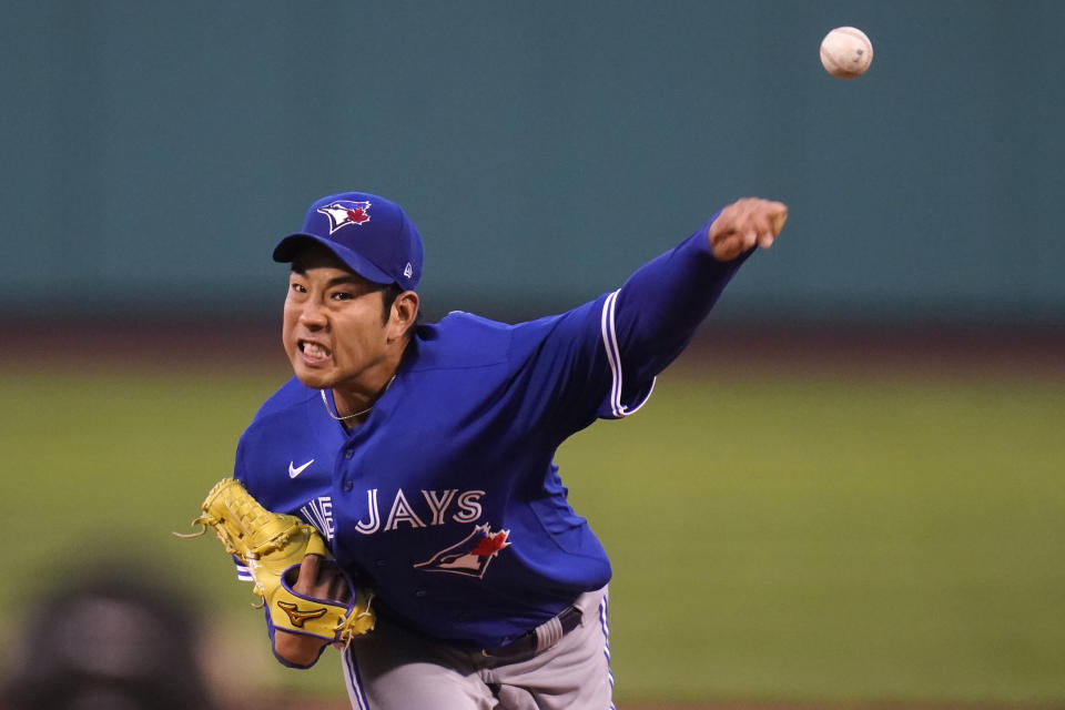 Toronto Blue Jays starting pitcher Yusei Kikuchi delivers during the first inning of a baseball game against the Boston Red Sox, Tuesday, April 19, 2022, at Fenway Park in Boston. (AP Photo/Charles Krupa)
