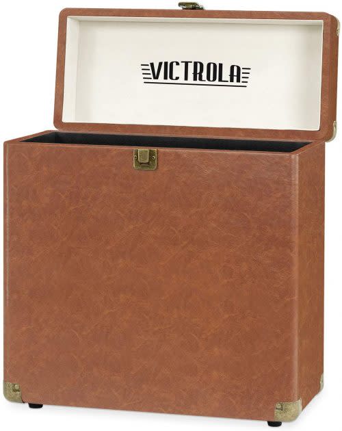 Picture of the open Victrola vinyl record box., record storage ideas