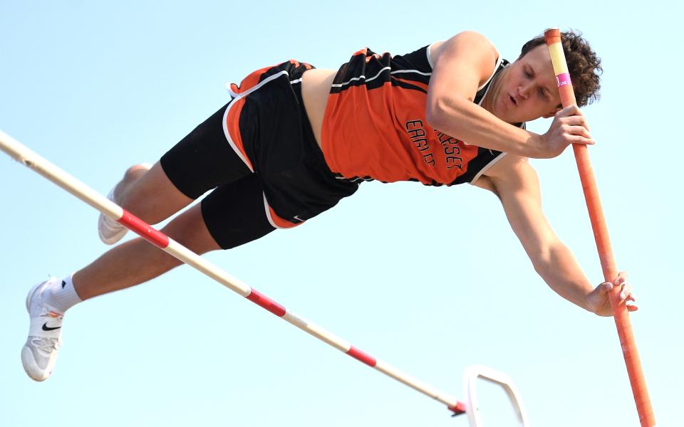 Somerset's Quintin Robison wins the boys pole vault at a height of 12 feet during the District 5 Class 2A Track and Field Championships, Wednesday, at Northern Bedford High School.