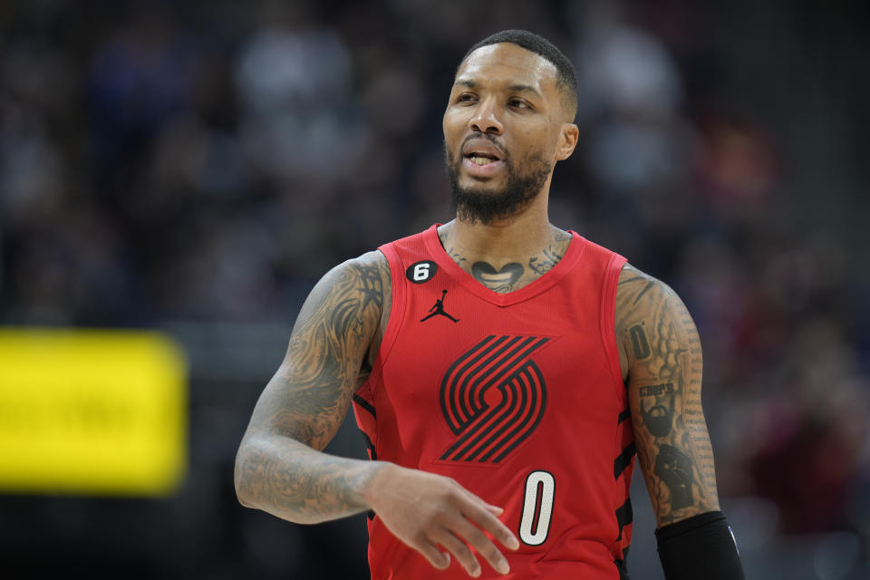 Portland Trail Blazers guard Damian Lillard argues after he was called for a foul during the second half of the tema's NBA basketball game against the Denver Nuggets on Tuesday, Jan. 17, 2023, in Denver. (AP Photo/David Zalubowski)