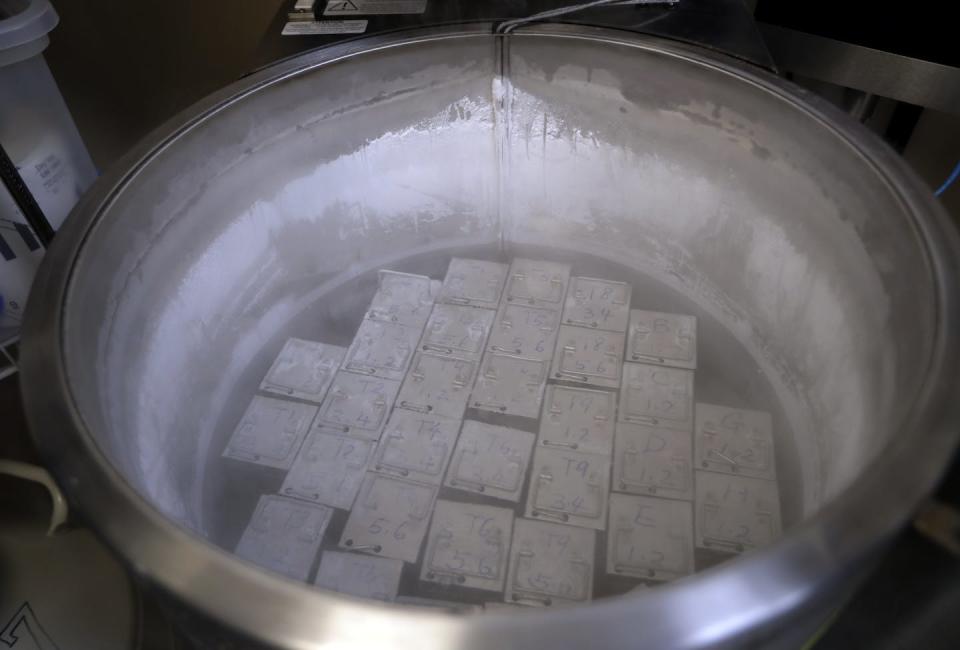 A steel vat, with icy condensation inside, open to reveal white packets inside at the bottom of the container.